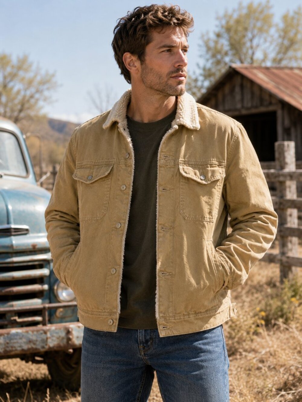 Gap Mens Tan Canvas Sherpa Lined Jacket Khaki Brown Workwear Trucker Size Large